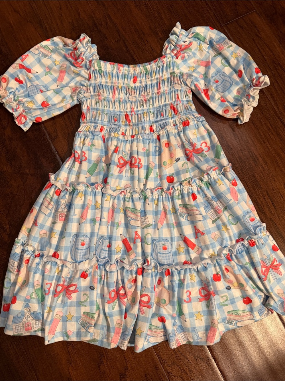 Blue Gingham Smocked Kids Dress with School Print